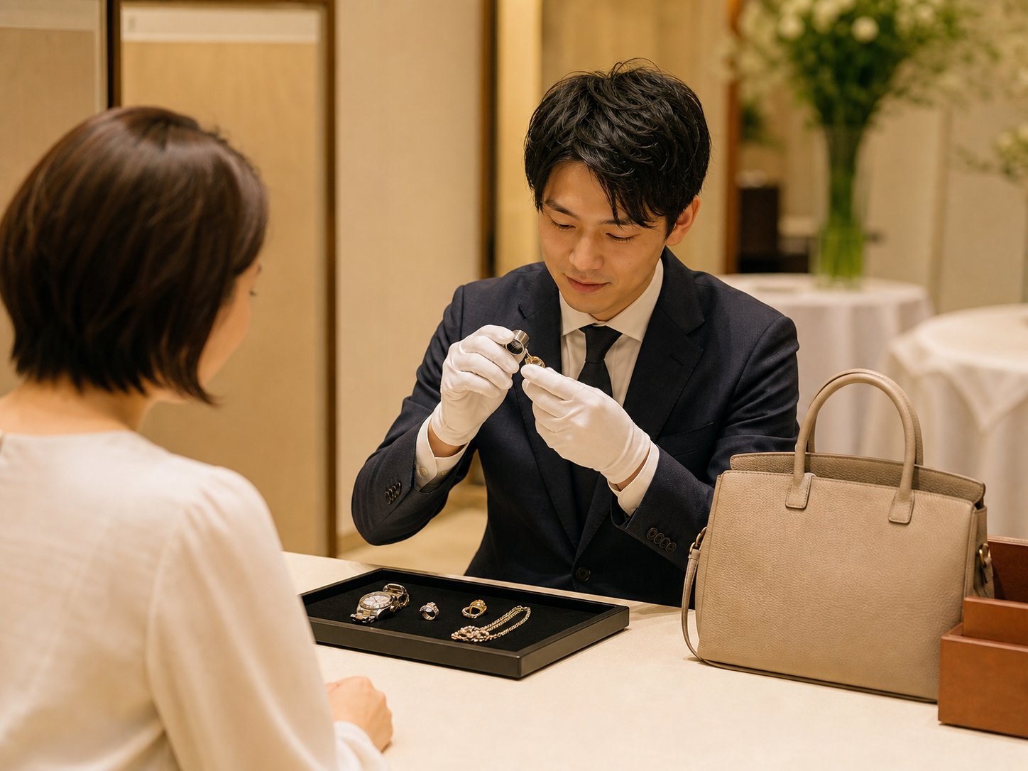 ブランド品や貴金属の査定を行う日本人スタッフ