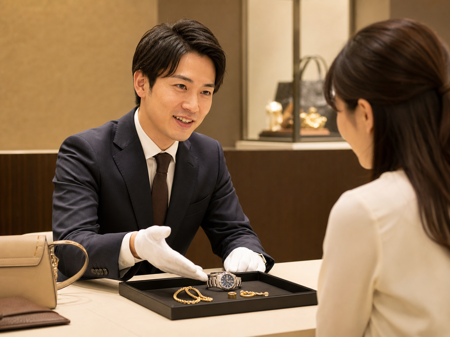 ブランド品や貴金属の買取査定を行う日本人スタッフ